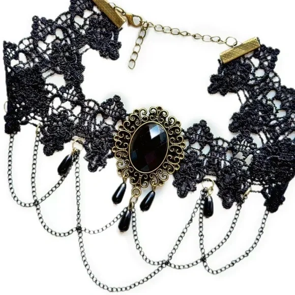 New Vintage Choker Necklace Black Sapphire Gothic in box - Picture 5 of 9